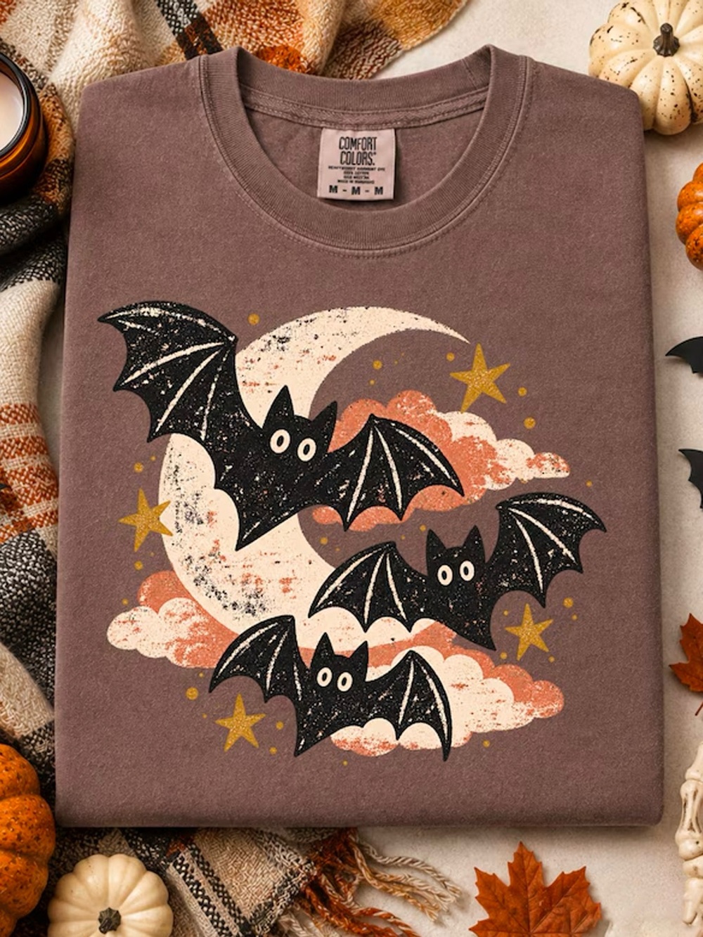 Spooky Cute Bats Moon Brown Comfort Colors Autumn T-Shirt